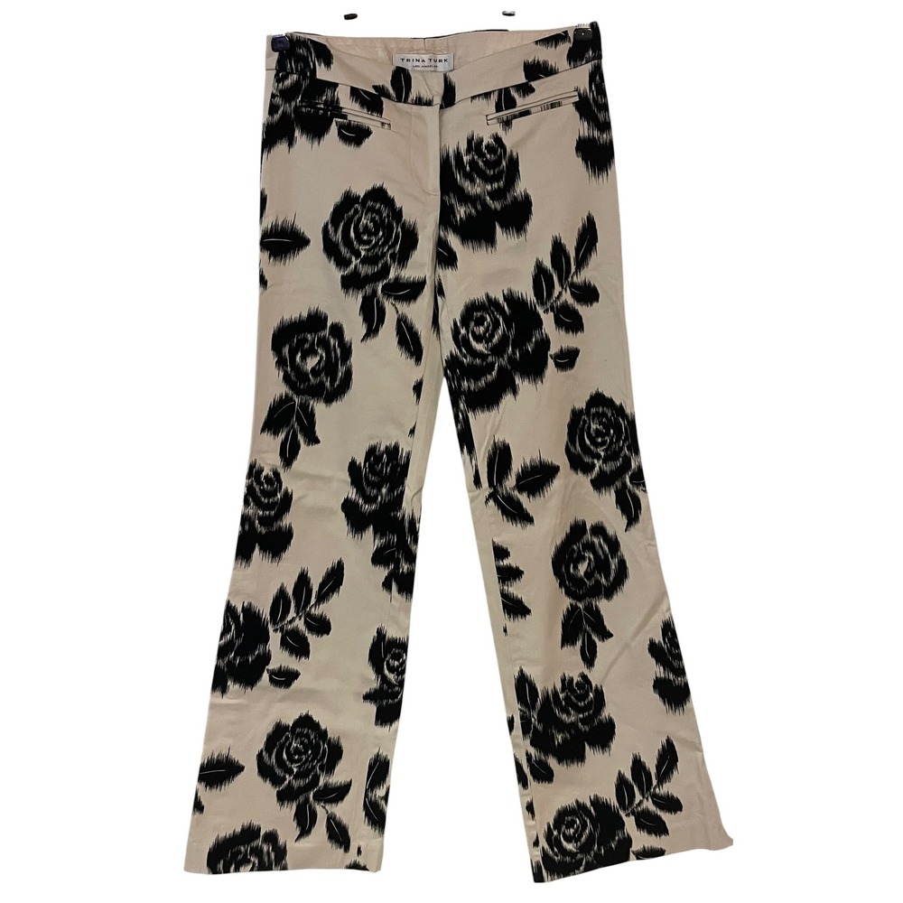 Trina Turk Beige Black Velvet Floral Ikat Straight Wide Leg Pants Y2K Low Rise 2